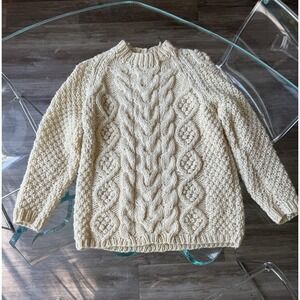 Vintage Irish Fisherman Cable Knit Wool Sweater Made Italy D.H. Holmes Cream‎
